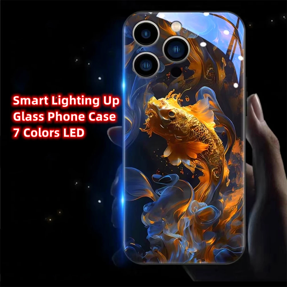 

Wealthy Golden Koi Smart Led Light Music Luminous Cell Phone Case For iPhone 16 15 14 13 12 11 Pro Max XR XS Plus 7 8 SE2020