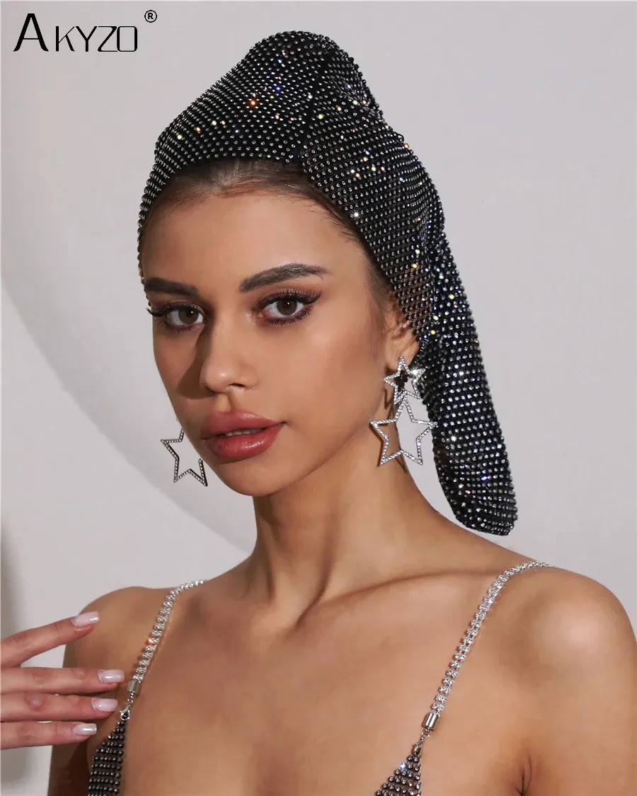 Fashion wanita Shinning Turban berlian imitasi kepala syal Turban topi kepala Bling bungkus kepala wanita Glitter topi bajak laut perhiasan rambut