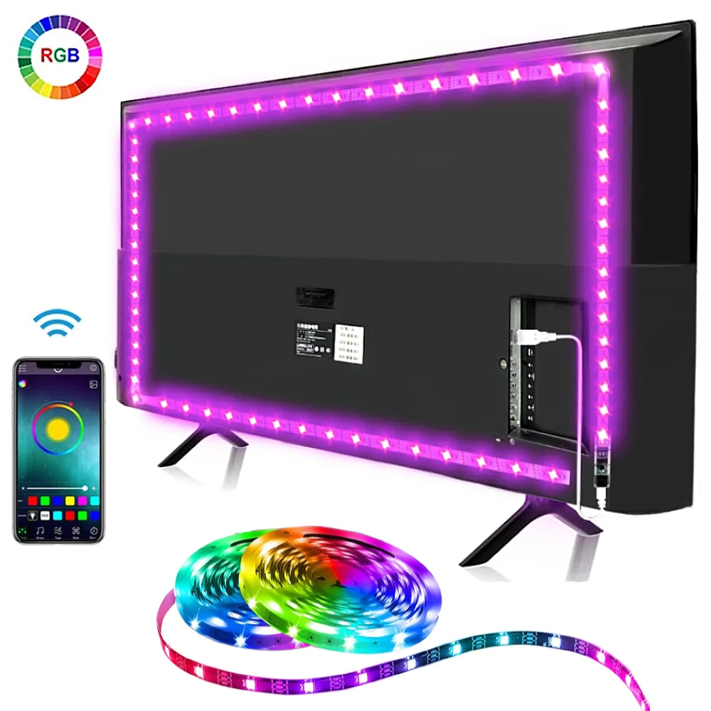 USB LED Strip Lights para decoração do quarto, Bluetooth, controle de aplicativos, RGB, 5050, fita flexível, fita de diodo