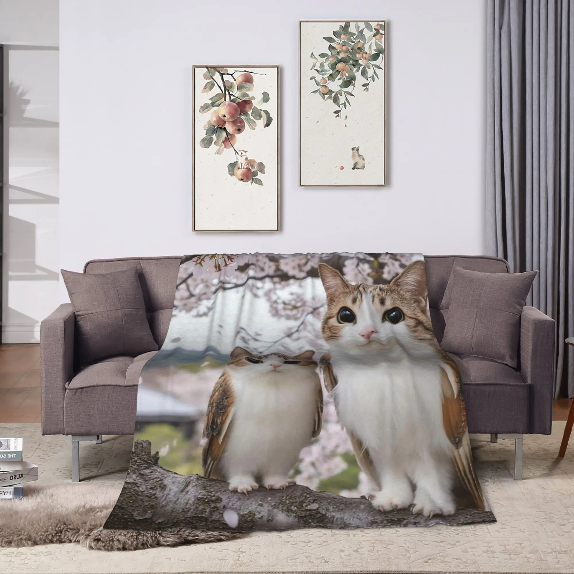 Two Meowls on Cherry Blossom Branch Throw Blanket Soft Comfy Novelty Blankets  For Home Decor Plane Flannel Bedspread Bed Cover