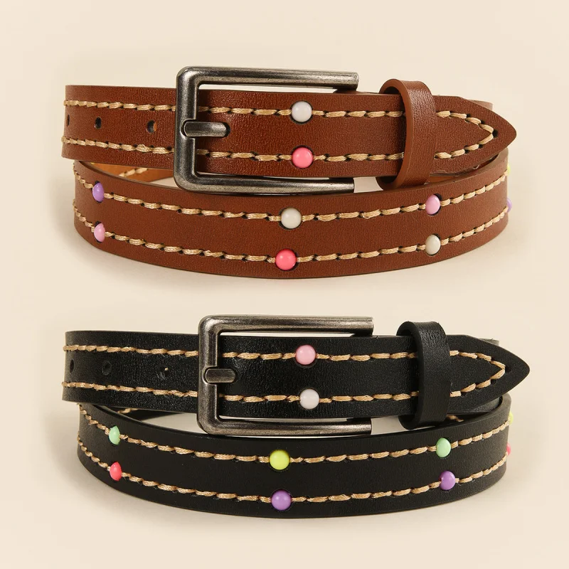 

Western Ethnic Handwoven Color Bead Belt Fashion Trendy Sliding Relax TPE Pin Buckle Belt for Ladies