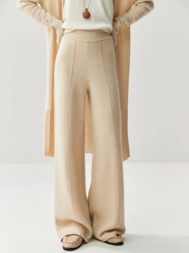 TLOML Women's 100% Cashmere Knit Wide Leg Middle Vertical Stripe Pants Autumn Winter Cashmere Thicken Warm Soft Comfy Trousers