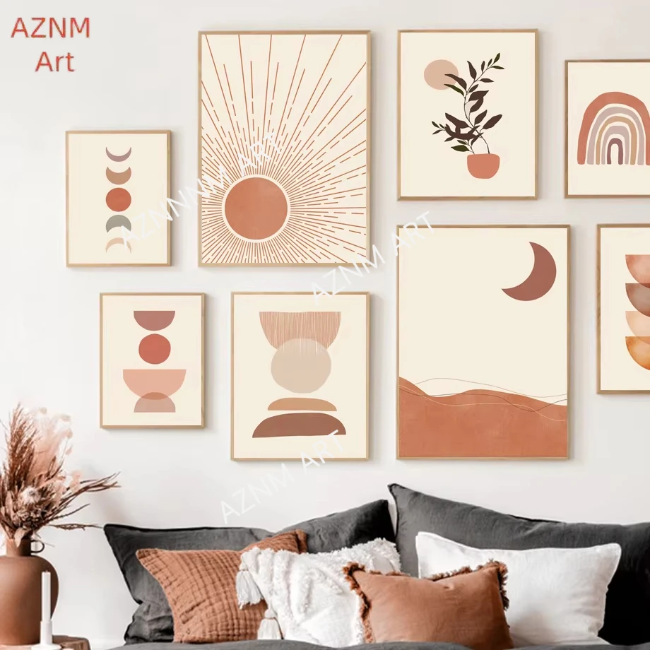 1PC ，Bohemian Sun Moon Rainbow Leaf Geometry Wall Art Canvas Painting Abstract Posters And Prints Pictures Bedroom Living Room