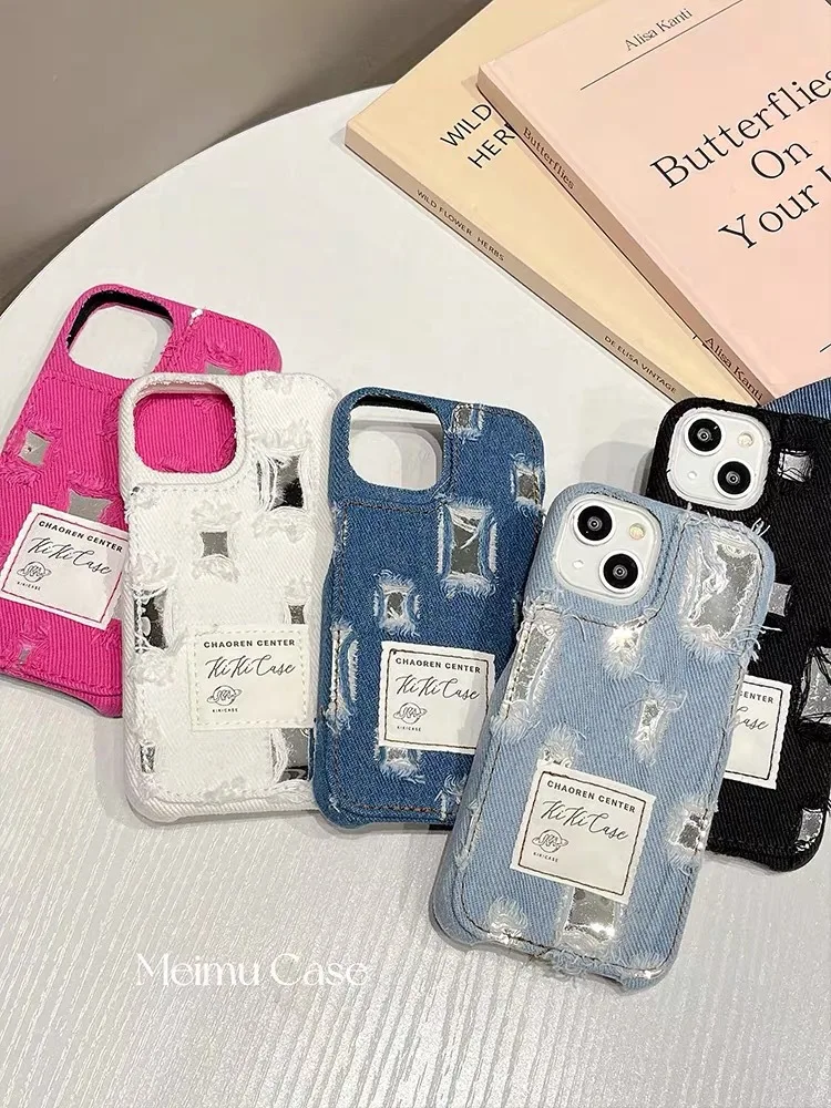 Vintage Style Denim Perforated Mirror Phone Case for IPhone 14 12 13 11 Pro ProMax Plus X XR Xsmax Shockproof Phone Cover