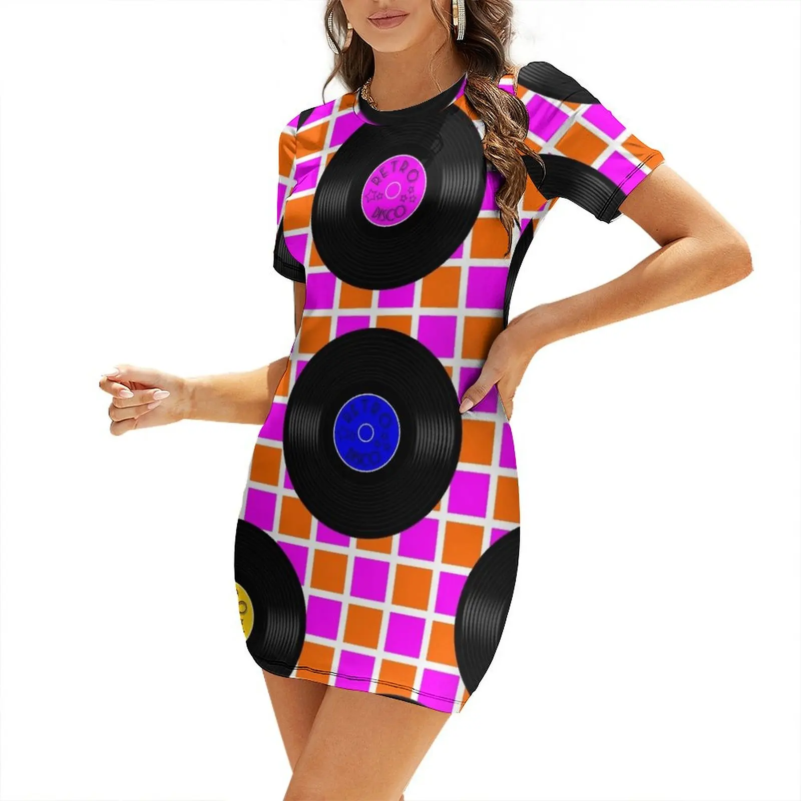 

Retro Disco 70's LP Vinyl Records Short-Sleeved Dress Women's long dress loose summer dress women's evening dresses