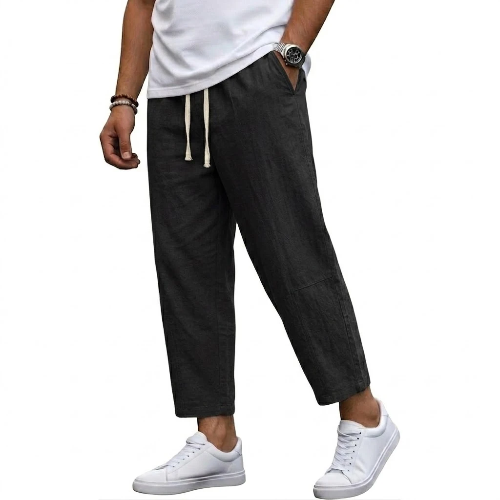 Koreanische Leinenhose für Herren, Baggy Pants für den Sommer, Gym-Hose, Loose Harem Pants, Leichte Sweatpants, Baumwoll-Arbeitshose, Gerade Hose – Detail 3