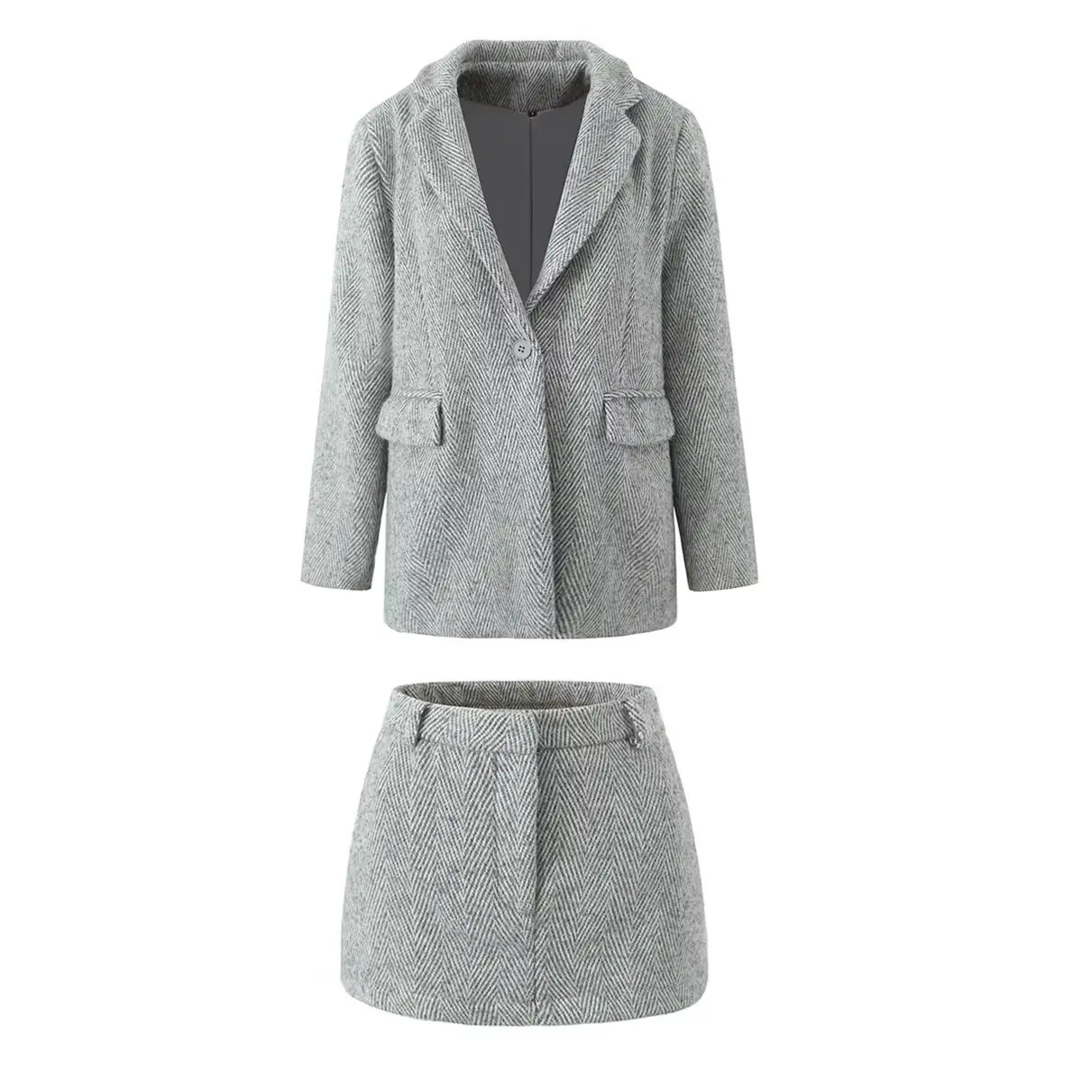 Dave&Di Minimalist British Shoulder Shaped Woolen Suit Jacket Blazer Mini Half Skirt Casual Sets Women