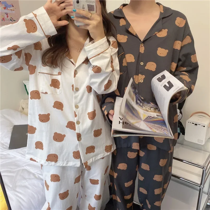 Couple Set Ins Cartoon Bear Pajamas Women Men\'s Spring and Winter Long Sleeve Loose Large Size Simple Casual Home Wear Set