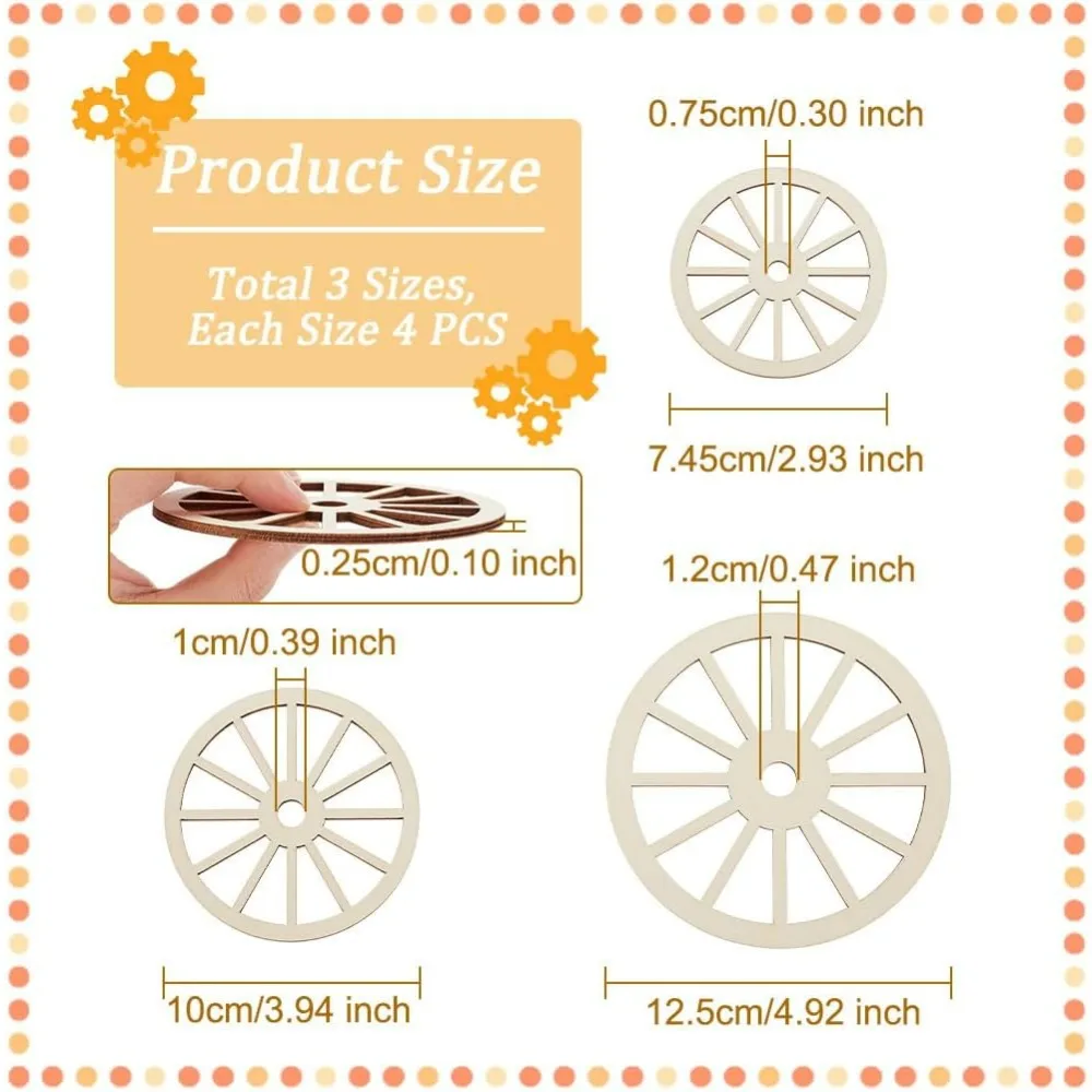 12pcs 3Sizes Unfinished Wood Wheel Blank Wood Slices Train Car Wheel Wooden Pieces Unfinished Blank Slices Natural Wood Cutouts