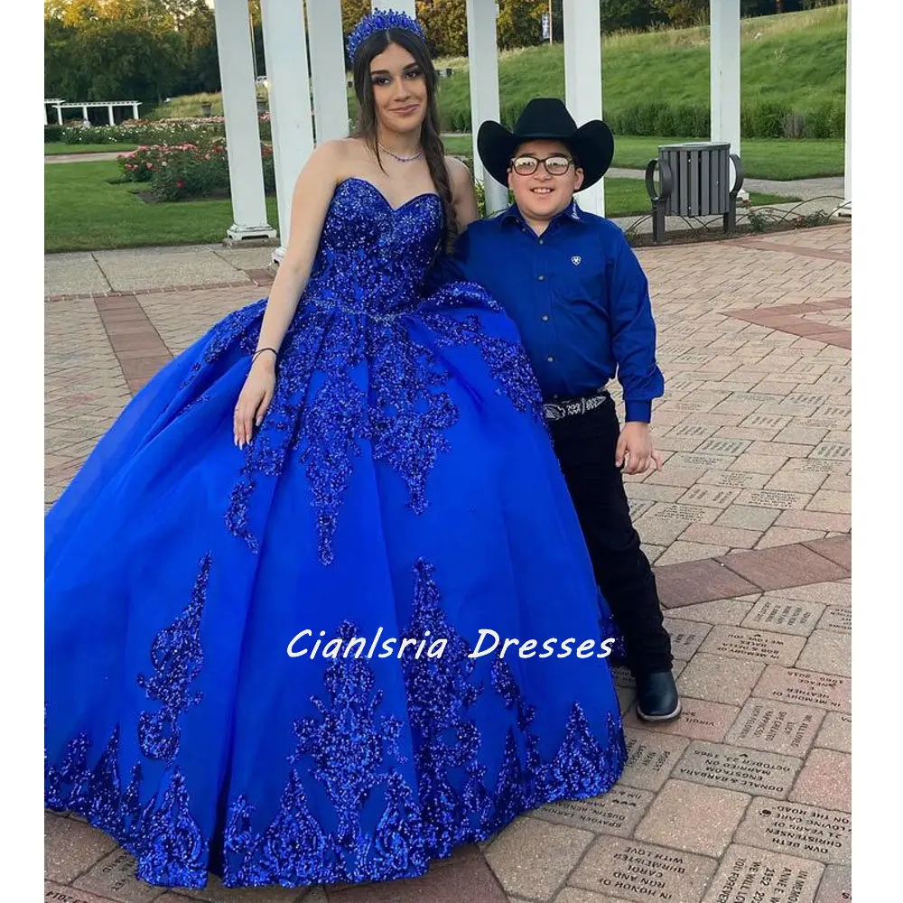 Azul real querida babados mexicano quinceanera vestido de baile sem mangas apliques lantejoulas corset vestidos de xv anos