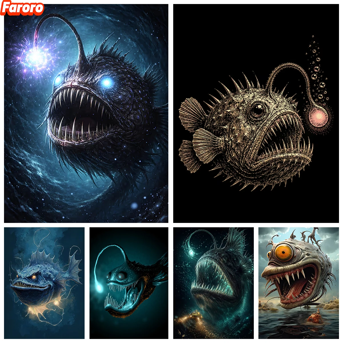Luminescent Anglerfish AB Diamond Painting Deep-sea fish 5D Rhinestone Embroidery Dark and Grotesque Bedroom Home Decor Hand Art
