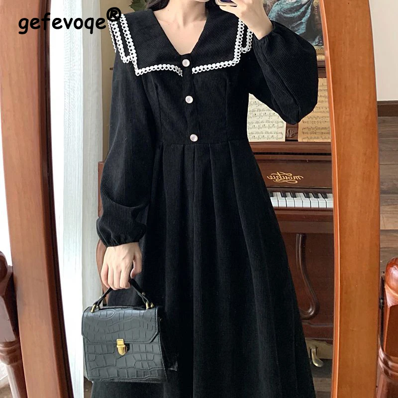 Woman Elegant Party Dresses Korean Vintage Corduroy Black Dress Long Sleeve Robe Clothes Japanese Peter Pan Collar Vestidos 2022