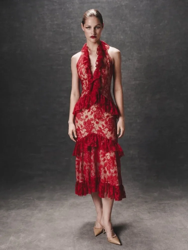 

Sexy Halter Neck Lace Patchwork Ruffles Midi Dress Women Red Sleeveless Backeless Floral Lace Slim Dresses Evening Party Gowns