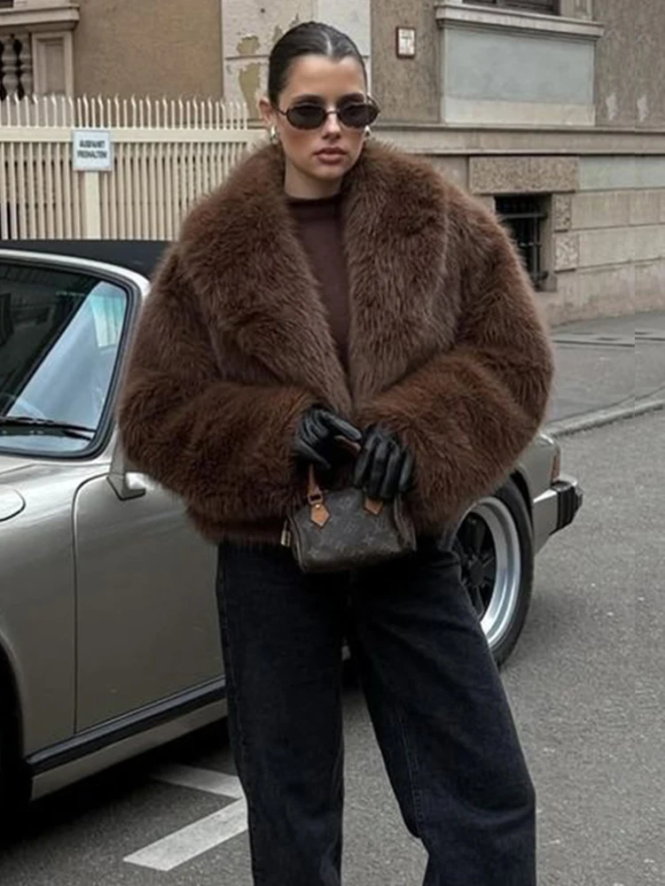 Zadorin casaco de pele sintética marrom, de alta qualidade, gola grande, solto, fofo, jaqueta de pele sintética, roupas de inverno, casaco de pele falsa