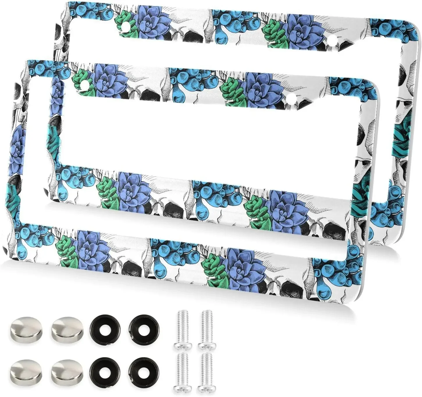 Blue Floral Skull White License Plate Frame 2 Pack License Plate Holder with 2 Holes Car Tag Frame for Women Men US Vehicles