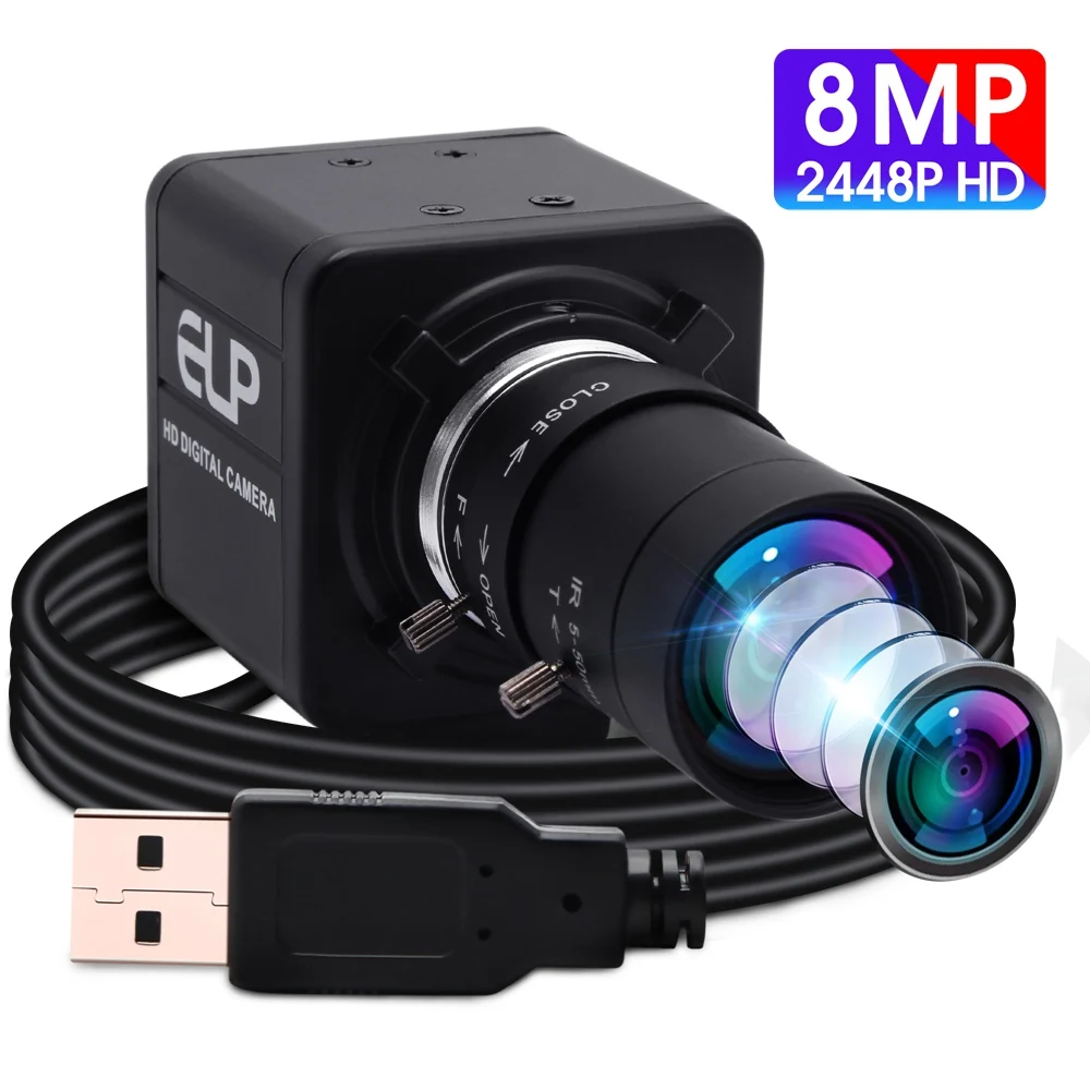 ELP 8MP USB Camera with Varifocal CS Lens Full HD Zoom Camera Mini UVC PC Webcam Industrial Computer Camera for Video Conference