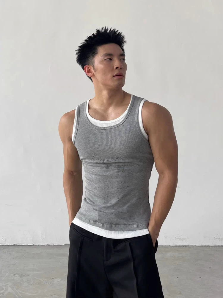 Women's Fake Two Piece Ribbed Tank Top Slim Fit American Style Knit Cami Vest Summer Bodycon Sleeveless Tee
