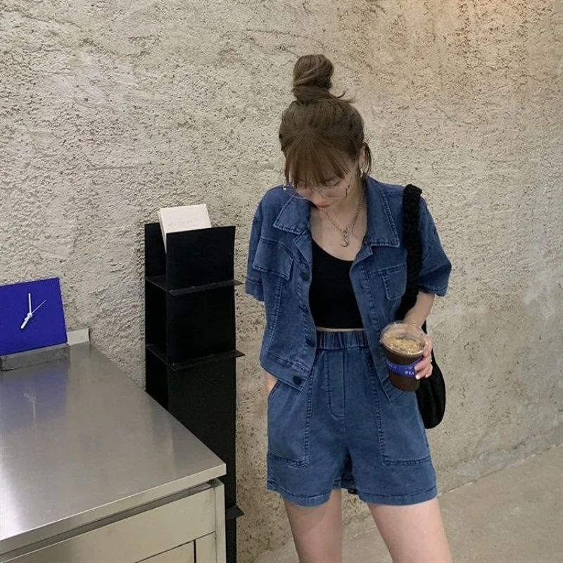 

Women's Denim Suit Summer Korean Hong Kong Style Short Sleeve Jacket High Waist Shorts Loose Slimming Fashionable Two Piece Set