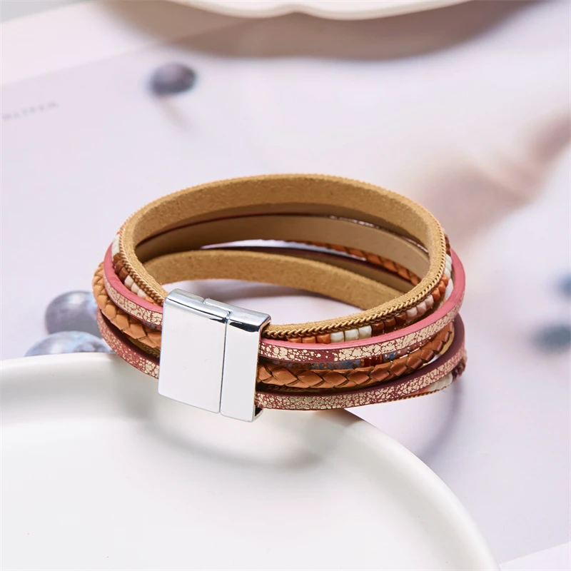 Böhmische Vintage mehr schicht ige Leder armbänder für Frauen hand gefertigte gewebte Leder breite Magnet verschluss Herren Armreif Modeschmuck – Detail 18