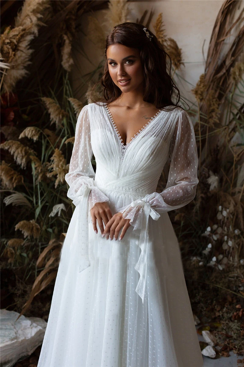 V-Neck Simple Long Sleeve Buttons Pleated A-Line Dot Tulle Wedding Dress Bridal Gown Vestido De Noiva свадебное платье