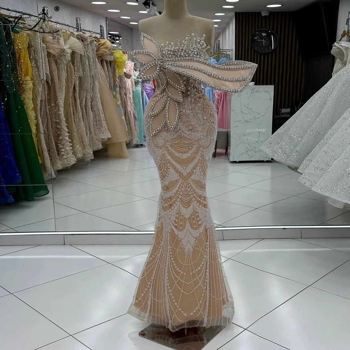 

Pearl Crystal Evening Gown Champagne Leaf Millet Beaded Mermaid Dress Luxurious Women'S Evening Dresses For Special Occasions