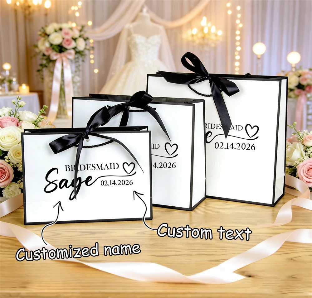 Personalisierte Luxus-Geschenktüte mit Namen und Text für Hochzeit, Brautjungfern, mit Band, Partydekoration, Individuelle Geschenktasche