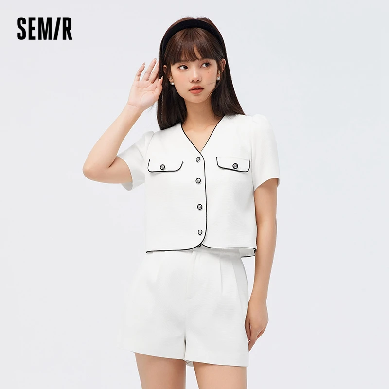 Semir Set Women Bubble Sleeve Short V-Neck sweater High Waist Shorts 2023 Summer New Two Piece Set Temperament