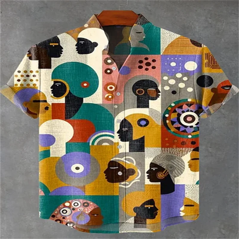 Men's Retro Ethnic Tribal Short Sleeve Shirt Vintage African Style Tops Casual Fashion Holiday Trend Street Men's Shirt