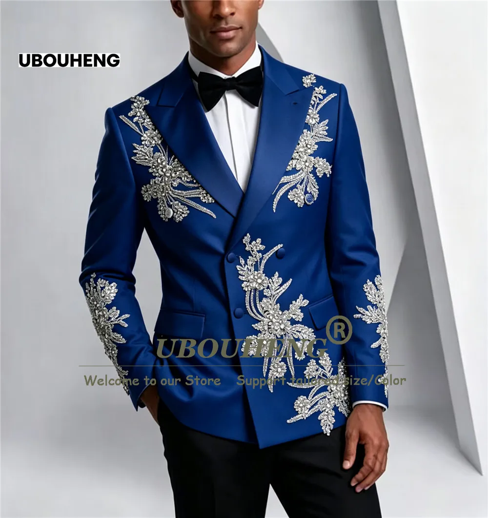 Luxury Groom Suit For Wedding Diamond Stones Embroidery Prom Blazer Customized Double Breasted Jacket Pants 2 Pieces Man Tuxedo