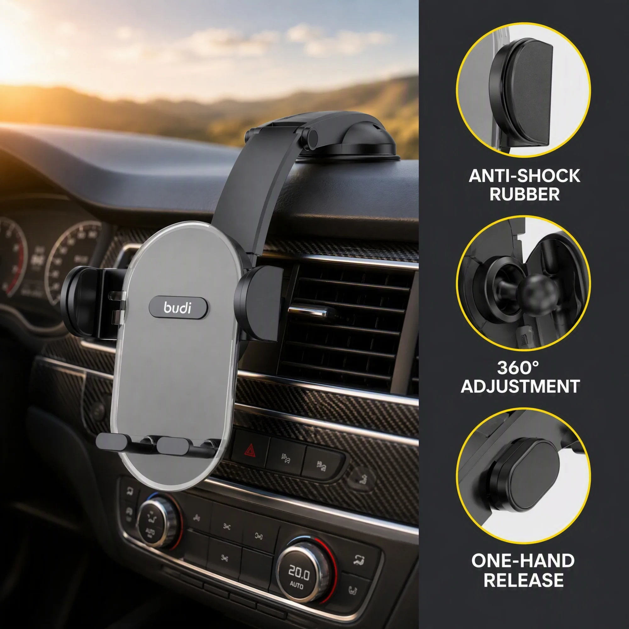 Windshield Flex Universal Car Phone Holder Dashboard Mount Adjustable One-Hand Operation Anti-Shock Phone Stand for 63-90mm