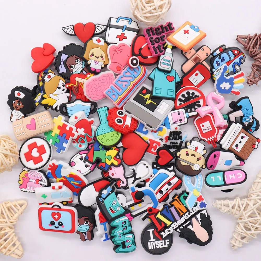 1Pcs PVC Heart Ambulance Hospital Medical Series Button Clog Doctor Nurse Shoe Charms Accessories Fit Wristband