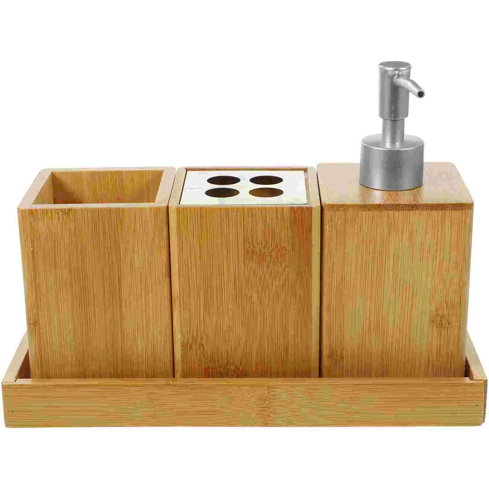 

Bamboo Bath Set Tooth Brush Holder Soap Dispenser Shampoo Bottles With Pump Hand Lotion
