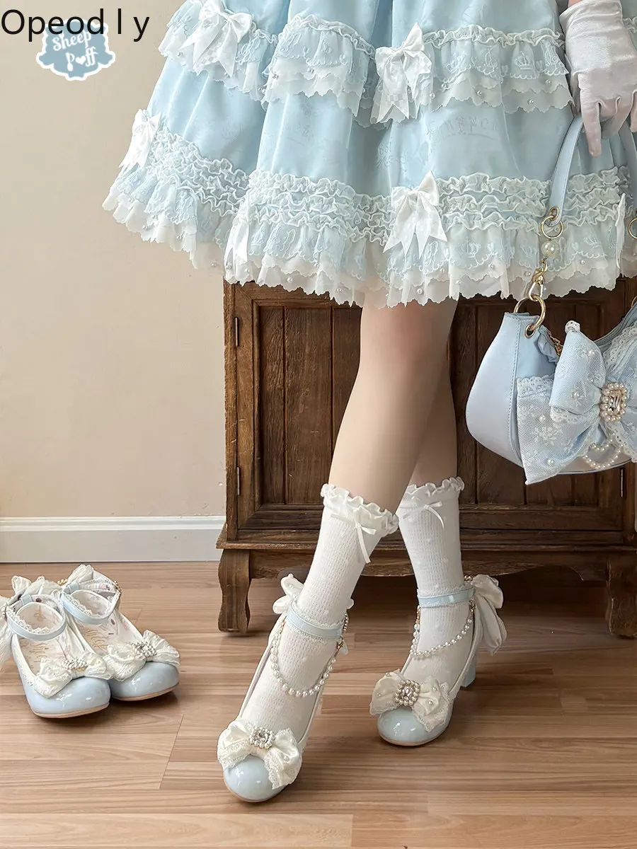 

Sweet and Cute Japanese Original Lolita Low Heel Single Shoes Doll Feeling Lace Pearl Bow Versatile Mary Jane Women's Shoes