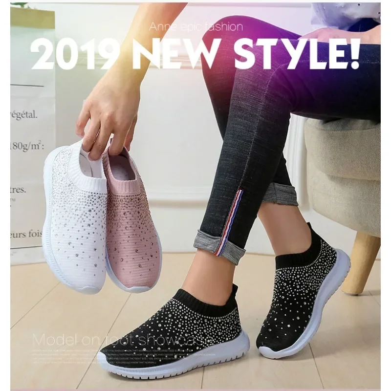 Women's Mesh Walking Shoes Rhinestone Glitter Slip On Ballroom Jazz Latin Dance Sock Sneakers Tennis Female Knitted Running Shoe