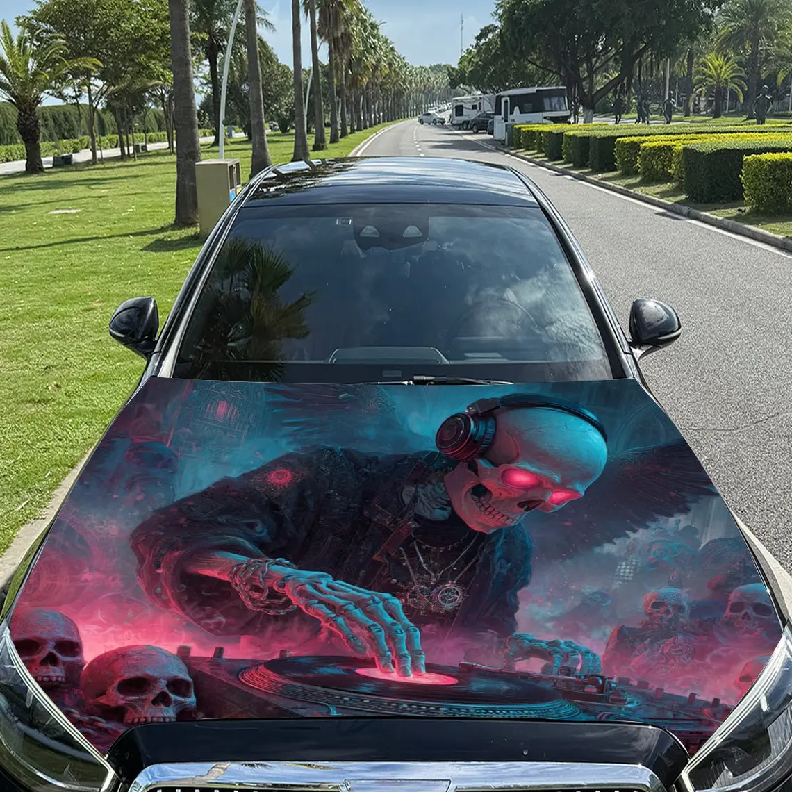Colorful Turntable Skull Print car hood stickers, waterproof self-adhesive, scratch resistant, easy to stick, durable car PVC st