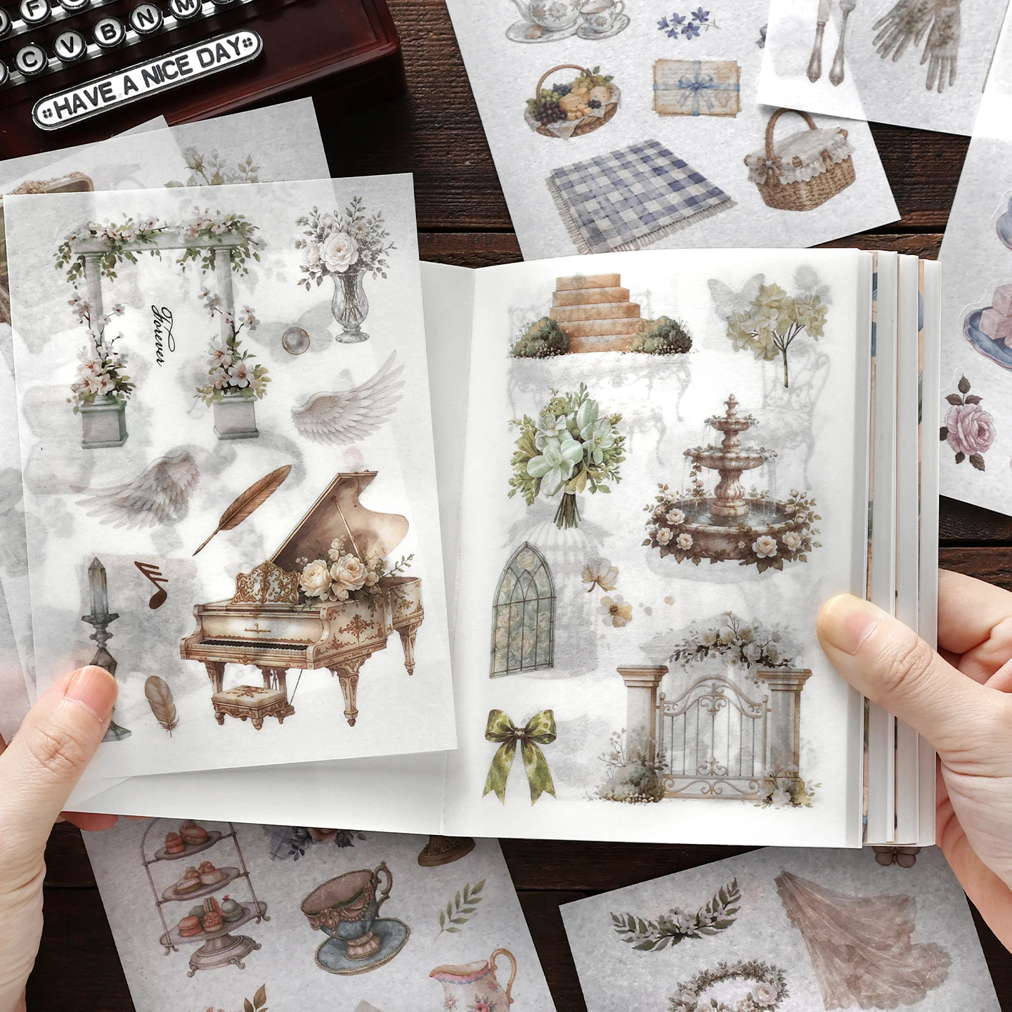 TIANZI 20pcs Die-Cut Sticker Book Vintage Style Leaves & Furniture Items Glitter Matte Glossy Finish School Stationery Supplies