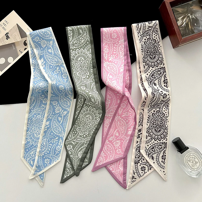 Woman Skinny Silk Scarf Long Hair Strip Silk Ribbon Small Neck Scarves Paisley Bag Handle Ribbon Kerchief Lady Tie 90Cm*6Cm