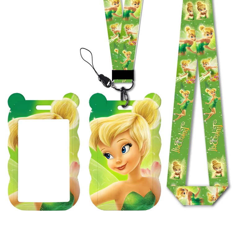 Cordón con diseños de princesa Tinkerbell de Disney, soporte para tarjetas de identificación, correa para tarjetas de trabajo, tarjetero de acceso para autobús, llaveros, accesorios