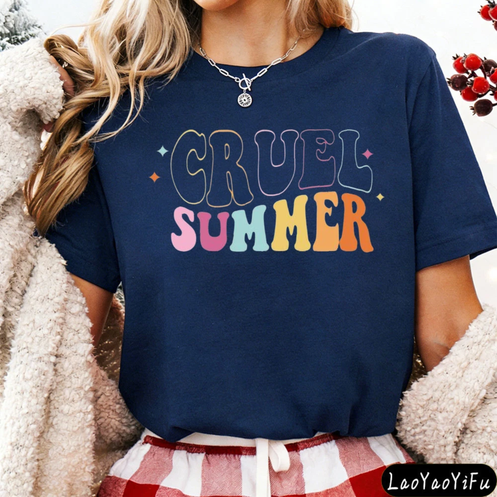 Cruel Summer Retro Groovy Font Graphic T Shirt Modern and Trendy Women Cotton Short Sleeve Summer Casual Daily Life T-shirt