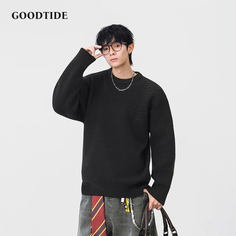 

Fashion Men's Casual Crew Neck Sweater Waffle Knit Pullover Textured Panel Comfortable Soft Long Sleeve Jumper Winter Top