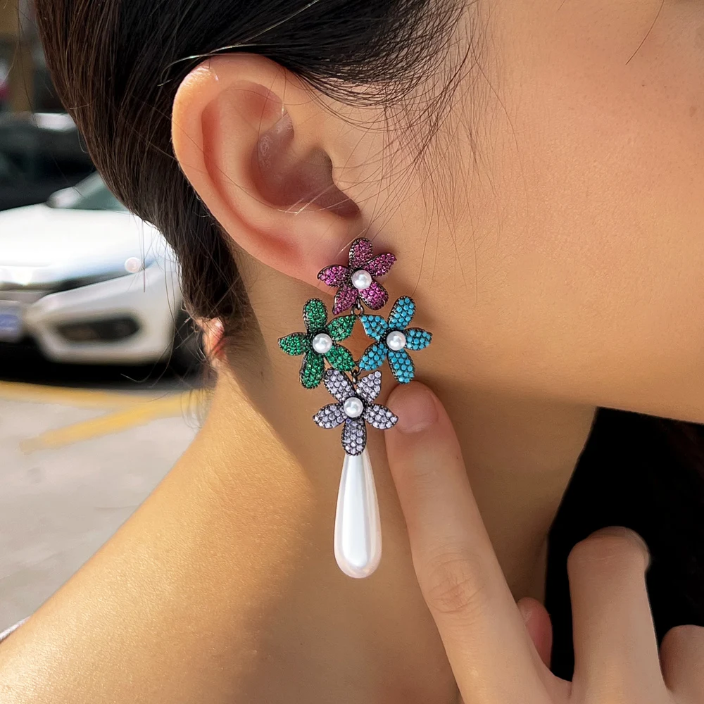 ThreeGraces Luxury Colorful Zircon Simulated Pearl Long Flower Bridal Wedding Earrings for Women Elegant Party Jewelry E1920 image 6