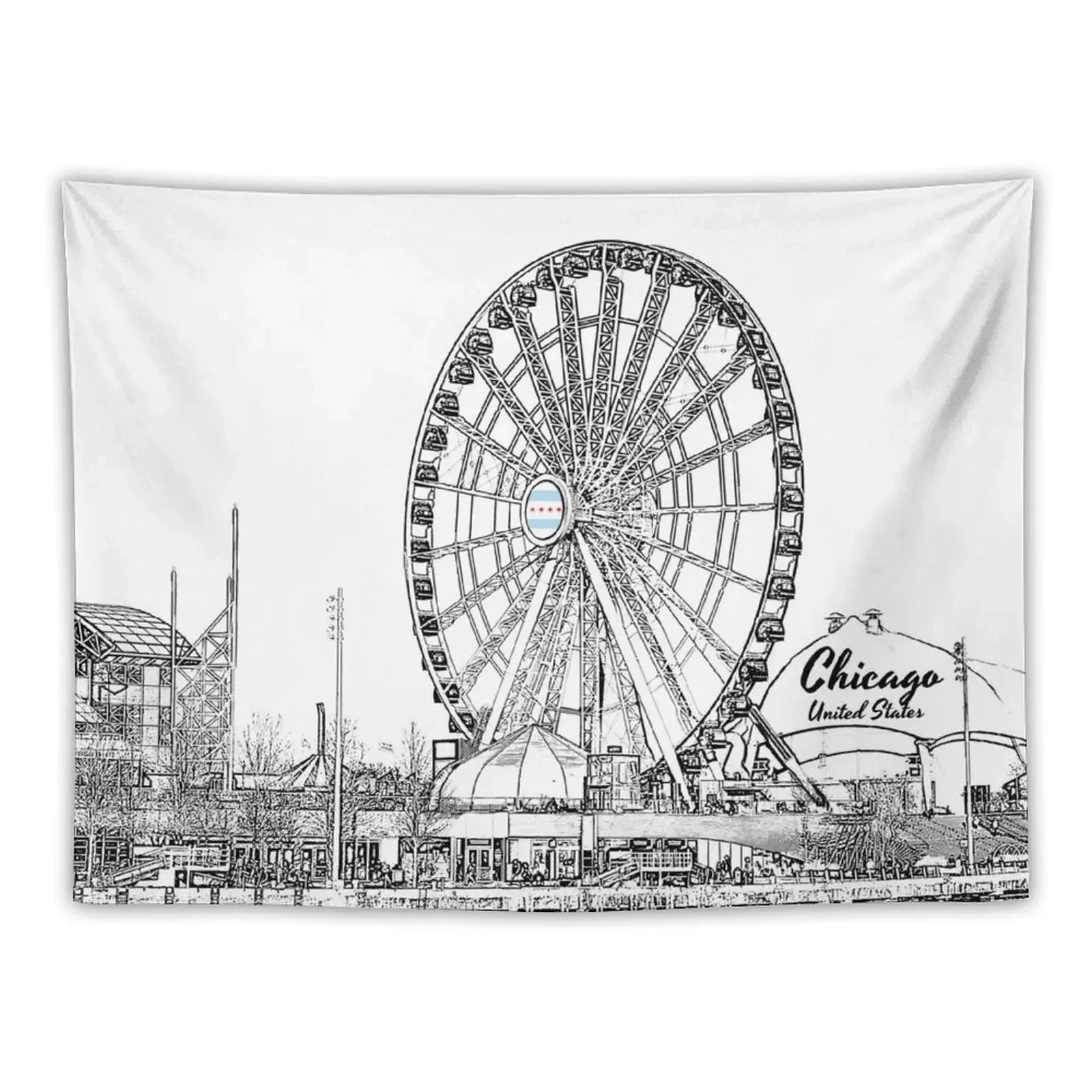 Chicago, Illinois, US - Ferris Wheel, Pier and Lakefront Tapestry Mushroom Room Decor Aesthetic Tapestry