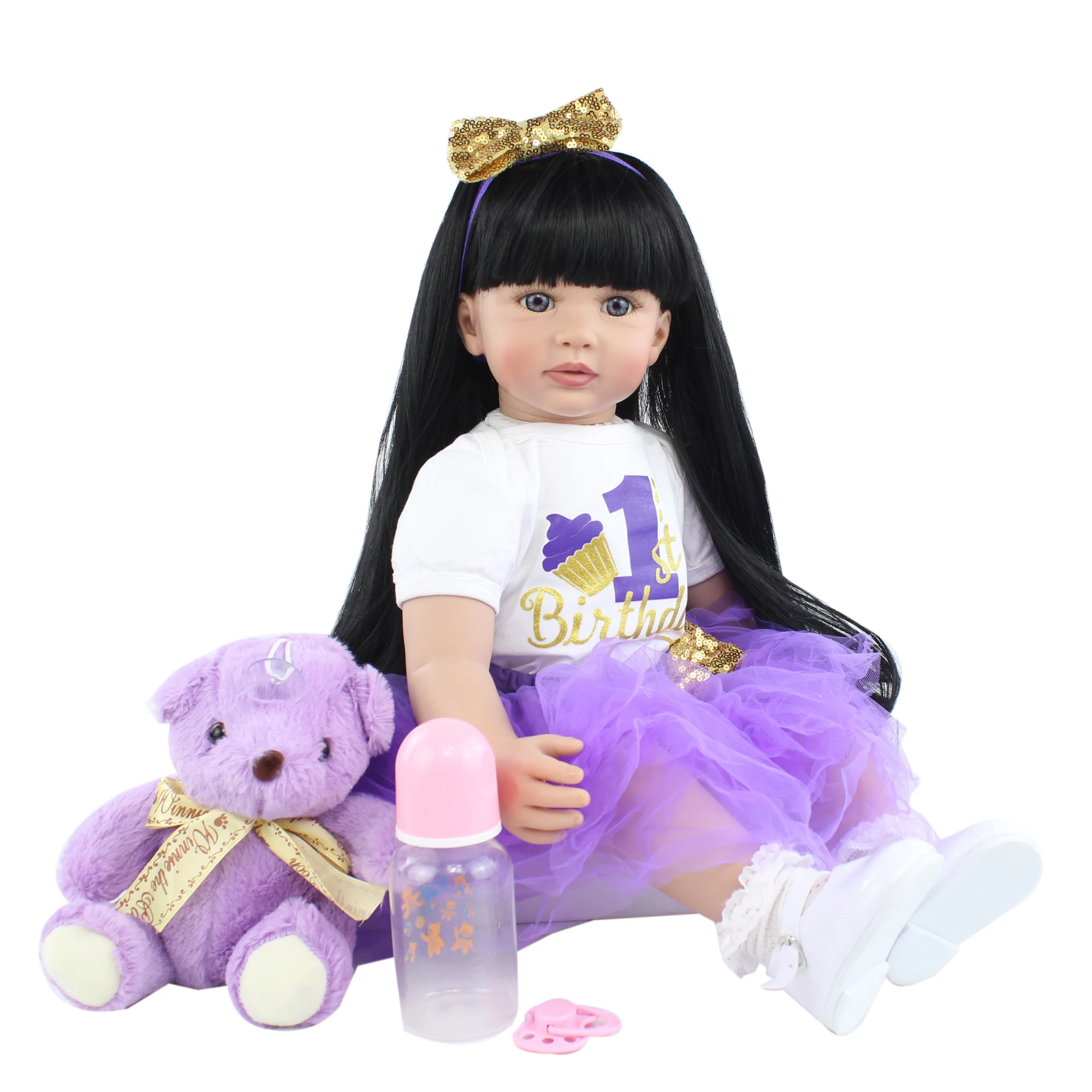 60 CM Soft Silicone Reborn Baby Doll Toys For Girl 24 Inch Black Long Hair Princess Toddler Dress Up Bebe Kids Birthday Gift