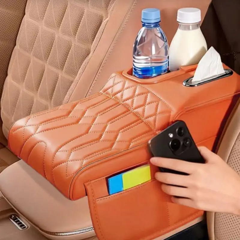 M76E Adjustable Vehicle Armrest Cushion Center Console Cover Mat Feature Double Drink Holders And Build In Tissue Box Pocket