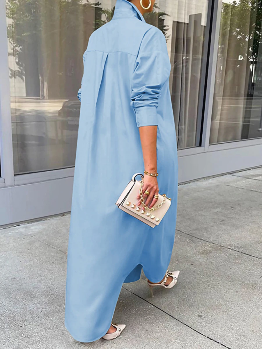 Spring Summer White Long Sleeve Shirt Dress Women Turn-down Collar Button Up Straight Maxi Dress Loose Casual Dresses Vestidos