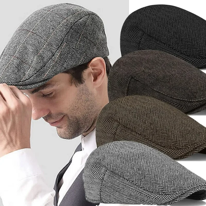 Fashion Men Retro Beret British Hats Wool Blend Vintage Herringbone Tweed Men Casual Fashion Hat Flat Keep Warm Caps Gifts