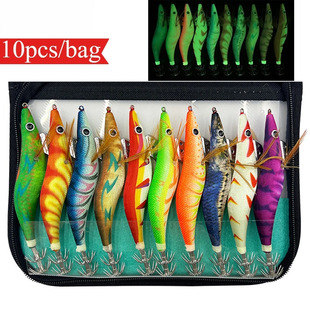 

10pcs Luminous Wood Shrimp Fishing Lure, Squid Octopus Lure Cuttlefish Hard Bait Wobbler, Squid Jig Lure with Bag 2.5# 3.0# 3.5#