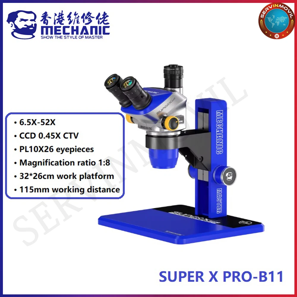 

MECHANIC SUPER X PRO-B11 Trinocular Stereo Industrial Microscope Continuous Zoom 6.5-52X PL10X26 Eyepieces CCD 0.45X CTV Adapter