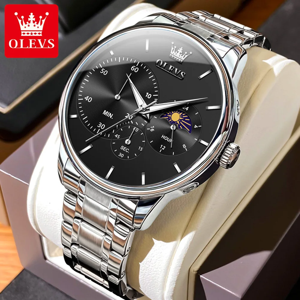 

OLEVS Original Men's Watch High Quality Quartz Business Wristwatch for Men Stainless Steel Bracelet Moon phase Waterproof 2936