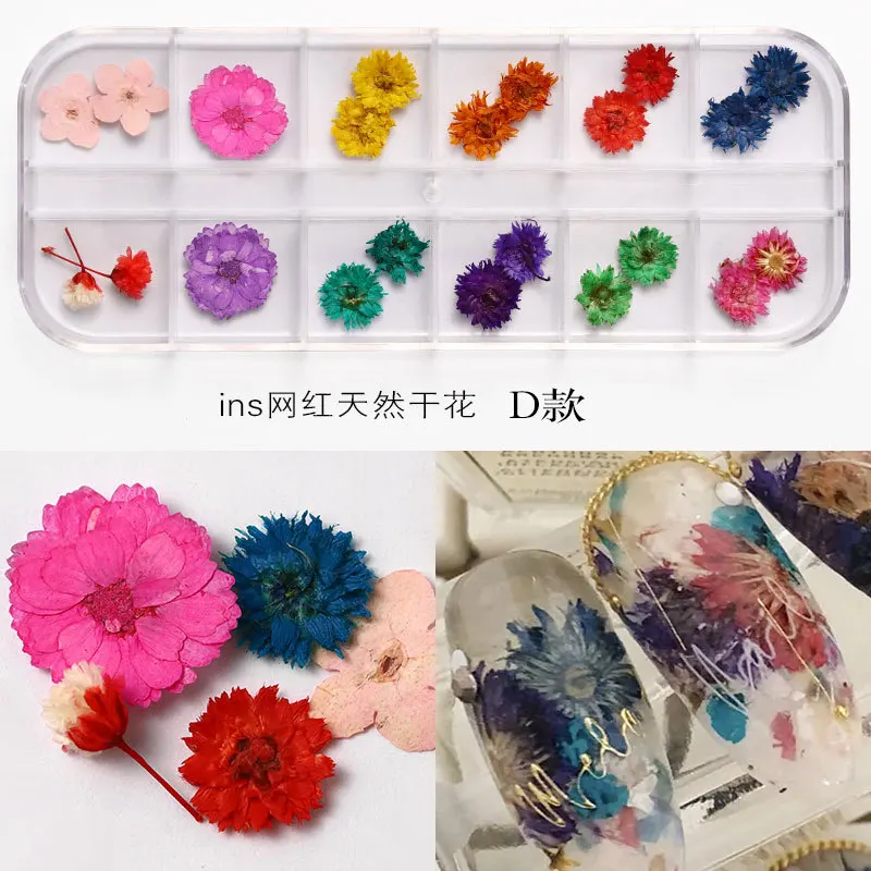 12 Kleur/Doos Nageldecoratie 3d Gedroogde Bloem Natuurlijke Bloemen Gemengde Droge Bloem Diy Sieraden Bedels Uv Gel Polish Nail Art Stickers